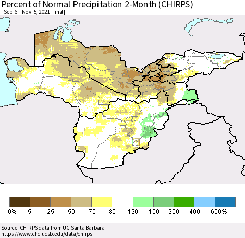 Central Asia Percent of Normal Precipitation 2-Month (CHIRPS) Thematic Map For 9/6/2021 - 11/5/2021