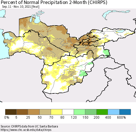 Central Asia Percent of Normal Precipitation 2-Month (CHIRPS) Thematic Map For 9/11/2021 - 11/10/2021