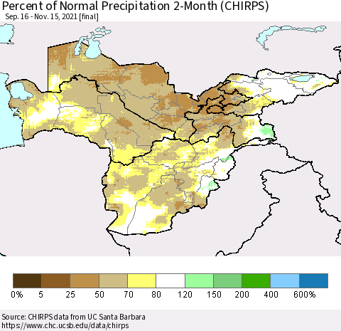 Central Asia Percent of Normal Precipitation 2-Month (CHIRPS) Thematic Map For 9/16/2021 - 11/15/2021