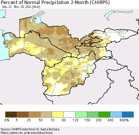 Central Asia Percent of Normal Precipitation 2-Month (CHIRPS) Thematic Map For 9/21/2021 - 11/20/2021