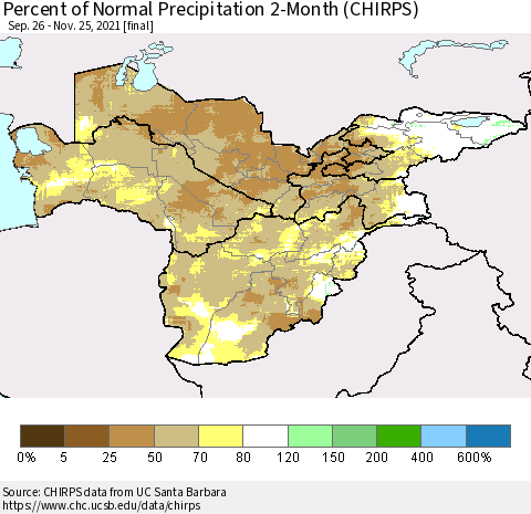 Central Asia Percent of Normal Precipitation 2-Month (CHIRPS) Thematic Map For 9/26/2021 - 11/25/2021