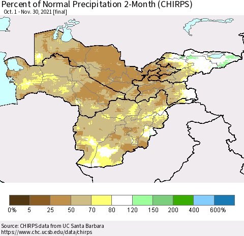 Central Asia Percent of Normal Precipitation 2-Month (CHIRPS) Thematic Map For 10/1/2021 - 11/30/2021