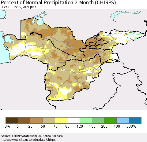 Central Asia Percent of Normal Precipitation 2-Month (CHIRPS) Thematic Map For 10/6/2021 - 12/5/2021