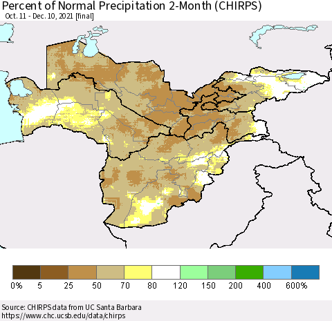 Central Asia Percent of Normal Precipitation 2-Month (CHIRPS) Thematic Map For 10/11/2021 - 12/10/2021