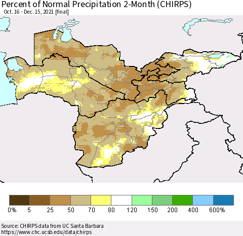 Central Asia Percent of Normal Precipitation 2-Month (CHIRPS) Thematic Map For 10/16/2021 - 12/15/2021