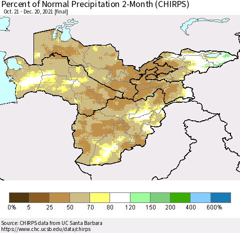 Central Asia Percent of Normal Precipitation 2-Month (CHIRPS) Thematic Map For 10/21/2021 - 12/20/2021