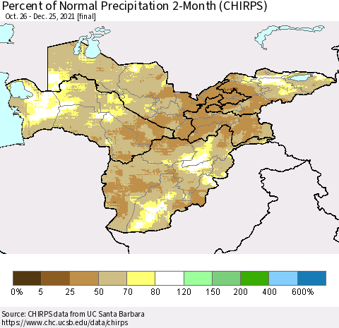 Central Asia Percent of Normal Precipitation 2-Month (CHIRPS) Thematic Map For 10/26/2021 - 12/25/2021