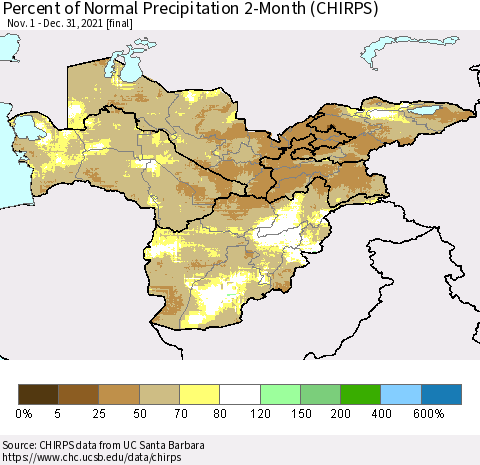 Central Asia Percent of Normal Precipitation 2-Month (CHIRPS) Thematic Map For 11/1/2021 - 12/31/2021