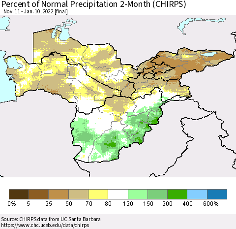 Central Asia Percent of Normal Precipitation 2-Month (CHIRPS) Thematic Map For 11/11/2021 - 1/10/2022