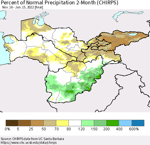 Central Asia Percent of Normal Precipitation 2-Month (CHIRPS) Thematic Map For 11/16/2021 - 1/15/2022