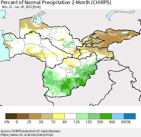 Central Asia Percent of Normal Precipitation 2-Month (CHIRPS) Thematic Map For 11/21/2021 - 1/20/2022