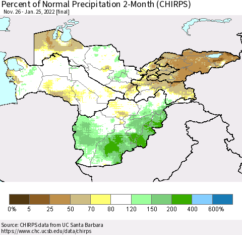 Central Asia Percent of Normal Precipitation 2-Month (CHIRPS) Thematic Map For 11/26/2021 - 1/25/2022