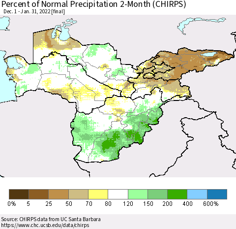 Central Asia Percent of Normal Precipitation 2-Month (CHIRPS) Thematic Map For 12/1/2021 - 1/31/2022