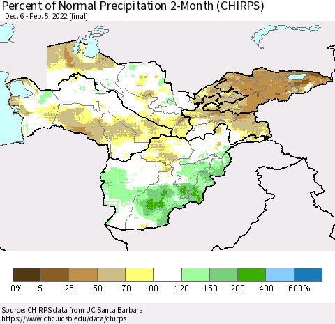 Central Asia Percent of Normal Precipitation 2-Month (CHIRPS) Thematic Map For 12/6/2021 - 2/5/2022