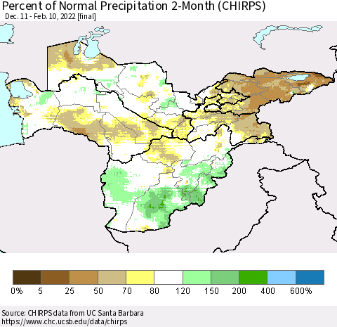 Central Asia Percent of Normal Precipitation 2-Month (CHIRPS) Thematic Map For 12/11/2021 - 2/10/2022
