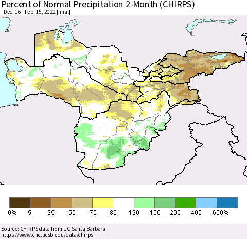 Central Asia Percent of Normal Precipitation 2-Month (CHIRPS) Thematic Map For 12/16/2021 - 2/15/2022