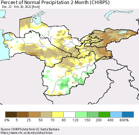 Central Asia Percent of Normal Precipitation 2-Month (CHIRPS) Thematic Map For 12/21/2021 - 2/20/2022