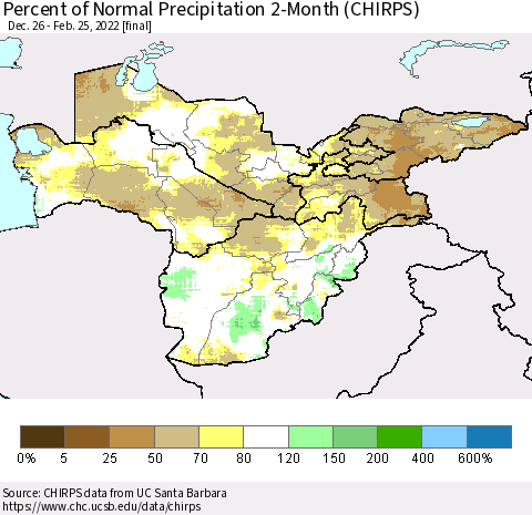Central Asia Percent of Normal Precipitation 2-Month (CHIRPS) Thematic Map For 12/26/2021 - 2/25/2022