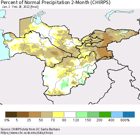 Central Asia Percent of Normal Precipitation 2-Month (CHIRPS) Thematic Map For 1/1/2022 - 2/28/2022