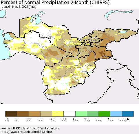 Central Asia Percent of Normal Precipitation 2-Month (CHIRPS) Thematic Map For 1/6/2022 - 3/5/2022