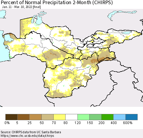 Central Asia Percent of Normal Precipitation 2-Month (CHIRPS) Thematic Map For 1/11/2022 - 3/10/2022