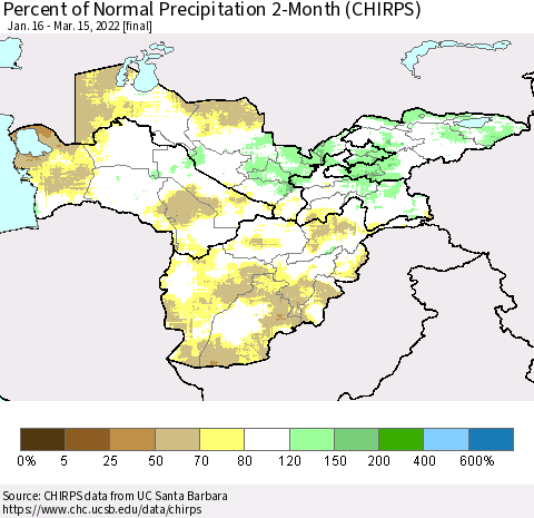 Central Asia Percent of Normal Precipitation 2-Month (CHIRPS) Thematic Map For 1/16/2022 - 3/15/2022