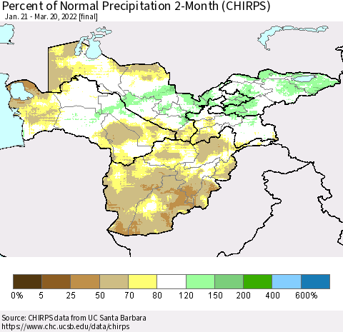 Central Asia Percent of Normal Precipitation 2-Month (CHIRPS) Thematic Map For 1/21/2022 - 3/20/2022