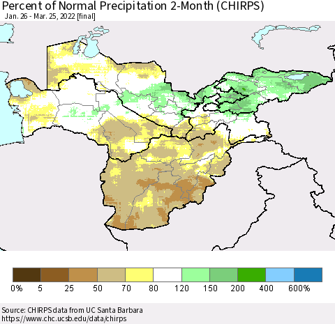 Central Asia Percent of Normal Precipitation 2-Month (CHIRPS) Thematic Map For 1/26/2022 - 3/25/2022