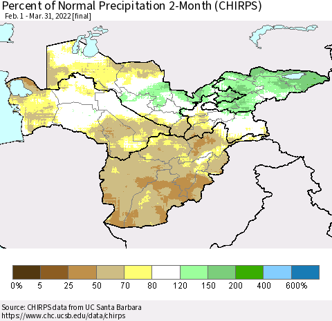 Central Asia Percent of Normal Precipitation 2-Month (CHIRPS) Thematic Map For 2/1/2022 - 3/31/2022