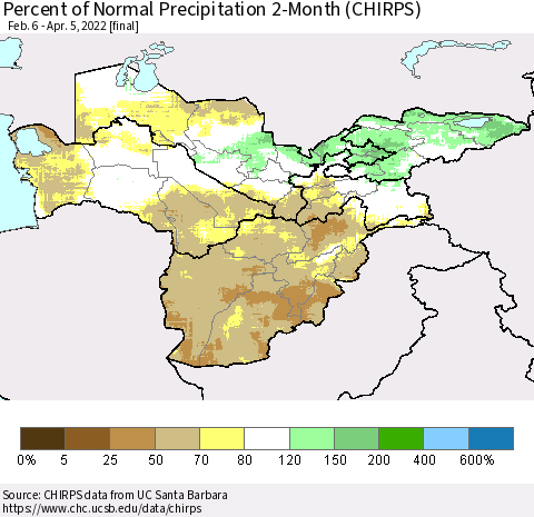 Central Asia Percent of Normal Precipitation 2-Month (CHIRPS) Thematic Map For 2/6/2022 - 4/5/2022
