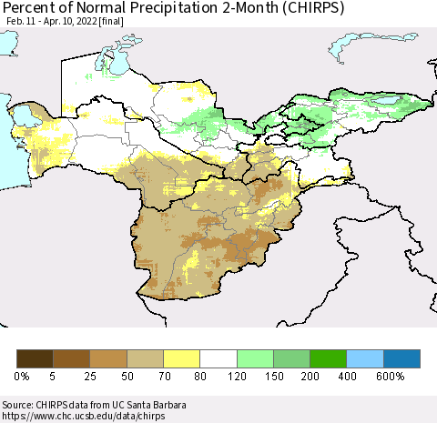 Central Asia Percent of Normal Precipitation 2-Month (CHIRPS) Thematic Map For 2/11/2022 - 4/10/2022