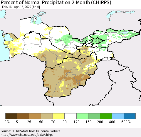 Central Asia Percent of Normal Precipitation 2-Month (CHIRPS) Thematic Map For 2/16/2022 - 4/15/2022
