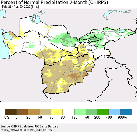 Central Asia Percent of Normal Precipitation 2-Month (CHIRPS) Thematic Map For 2/21/2022 - 4/20/2022