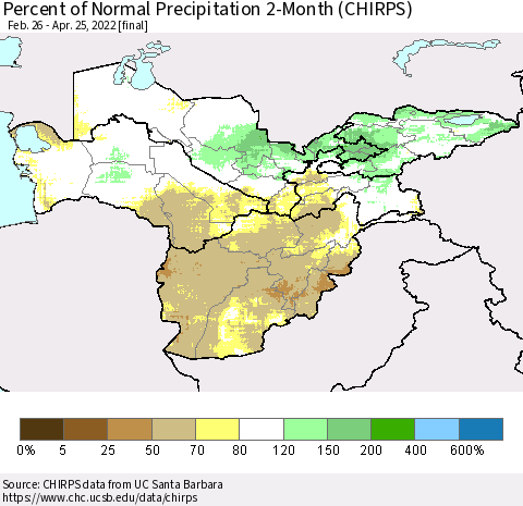 Central Asia Percent of Normal Precipitation 2-Month (CHIRPS) Thematic Map For 2/26/2022 - 4/25/2022