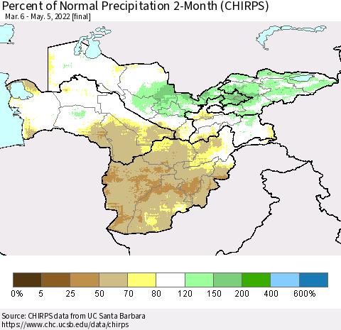 Central Asia Percent of Normal Precipitation 2-Month (CHIRPS) Thematic Map For 3/6/2022 - 5/5/2022