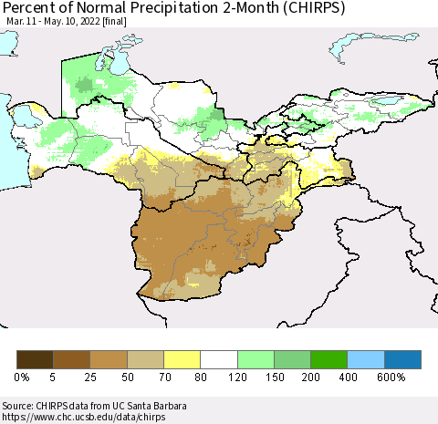 Central Asia Percent of Normal Precipitation 2-Month (CHIRPS) Thematic Map For 3/11/2022 - 5/10/2022
