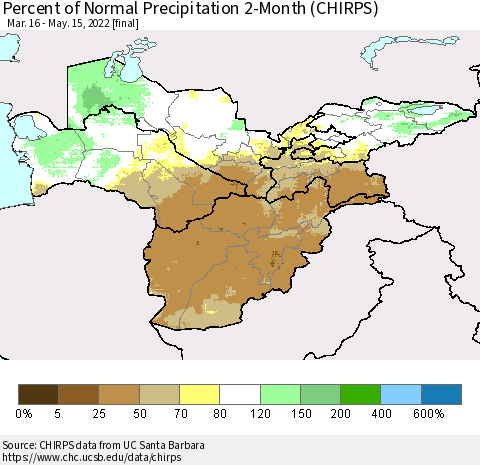 Central Asia Percent of Normal Precipitation 2-Month (CHIRPS) Thematic Map For 3/16/2022 - 5/15/2022