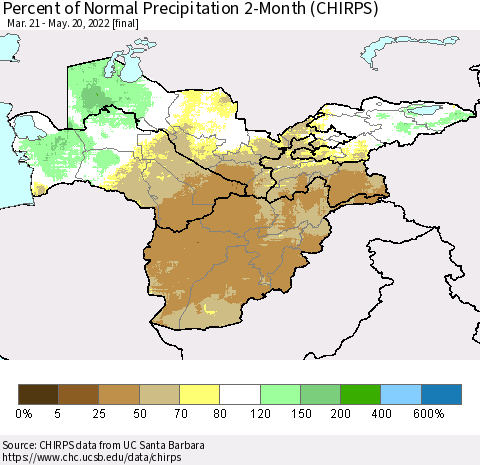Central Asia Percent of Normal Precipitation 2-Month (CHIRPS) Thematic Map For 3/21/2022 - 5/20/2022