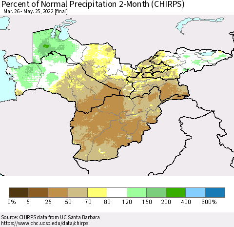 Central Asia Percent of Normal Precipitation 2-Month (CHIRPS) Thematic Map For 3/26/2022 - 5/25/2022