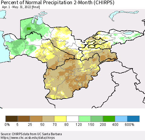 Central Asia Percent of Normal Precipitation 2-Month (CHIRPS) Thematic Map For 4/1/2022 - 5/31/2022