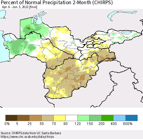 Central Asia Percent of Normal Precipitation 2-Month (CHIRPS) Thematic Map For 4/6/2022 - 6/5/2022