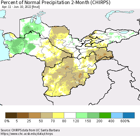 Central Asia Percent of Normal Precipitation 2-Month (CHIRPS) Thematic Map For 4/11/2022 - 6/10/2022