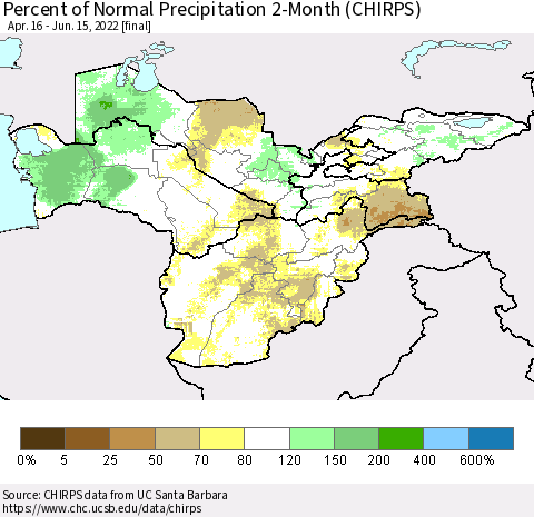 Central Asia Percent of Normal Precipitation 2-Month (CHIRPS) Thematic Map For 4/16/2022 - 6/15/2022