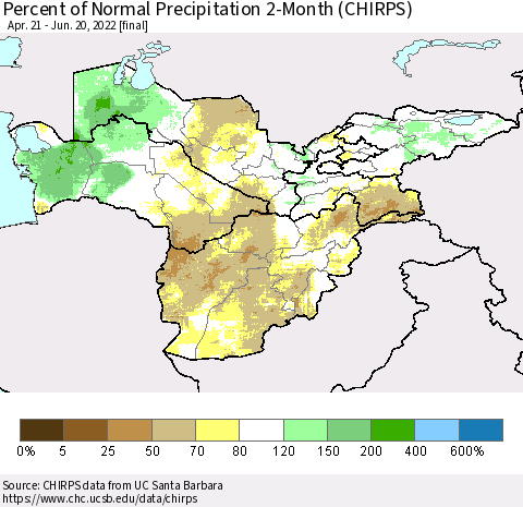 Central Asia Percent of Normal Precipitation 2-Month (CHIRPS) Thematic Map For 4/21/2022 - 6/20/2022