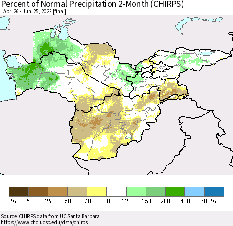 Central Asia Percent of Normal Precipitation 2-Month (CHIRPS) Thematic Map For 4/26/2022 - 6/25/2022