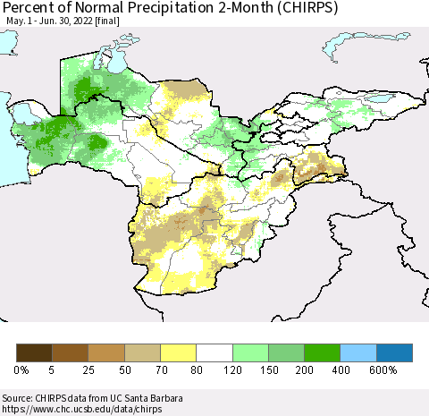 Central Asia Percent of Normal Precipitation 2-Month (CHIRPS) Thematic Map For 5/1/2022 - 6/30/2022