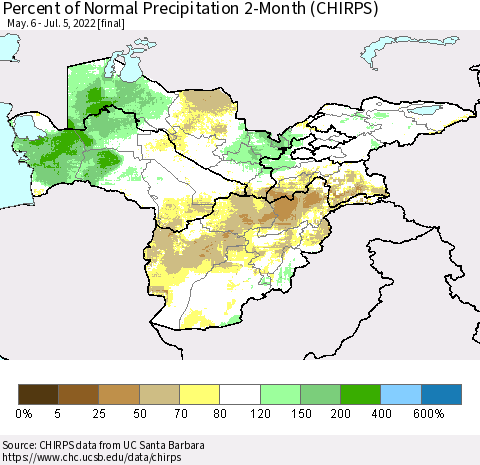 Central Asia Percent of Normal Precipitation 2-Month (CHIRPS) Thematic Map For 5/6/2022 - 7/5/2022