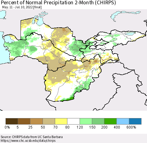 Central Asia Percent of Normal Precipitation 2-Month (CHIRPS) Thematic Map For 5/11/2022 - 7/10/2022