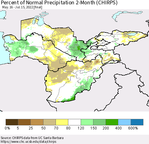 Central Asia Percent of Normal Precipitation 2-Month (CHIRPS) Thematic Map For 5/16/2022 - 7/15/2022