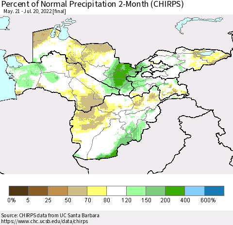 Central Asia Percent of Normal Precipitation 2-Month (CHIRPS) Thematic Map For 5/21/2022 - 7/20/2022